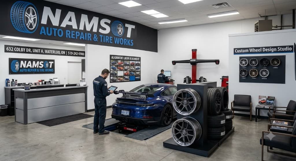 Namsot Auto Repair shop interior with Porsche on lift, alignment bay, and custom wheel studio