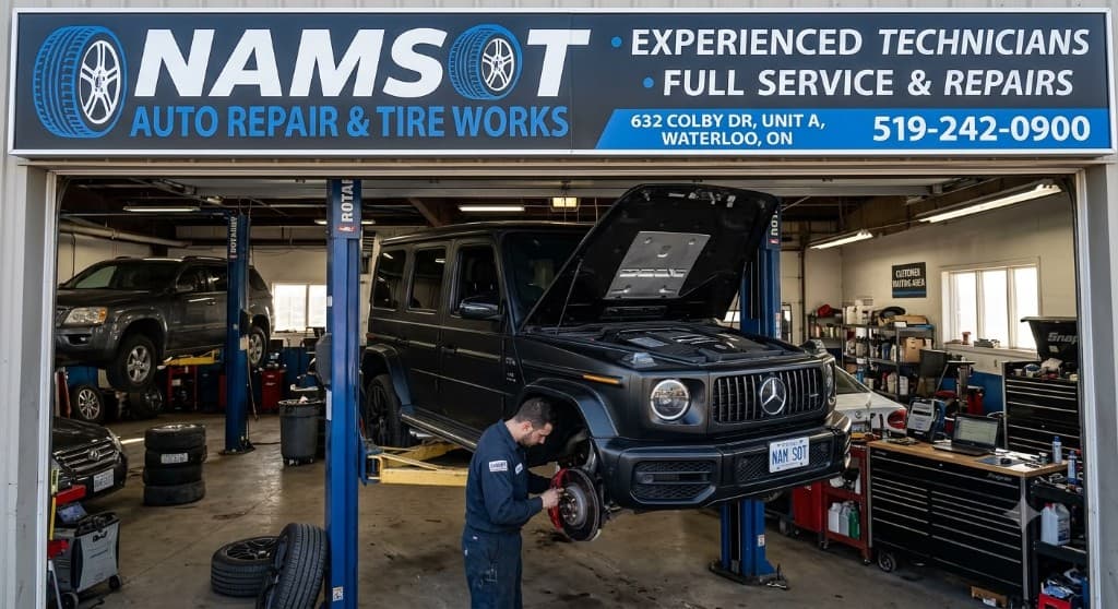 Technician servicing a Mercedes G-Class on a lift at Namsot Auto Repair