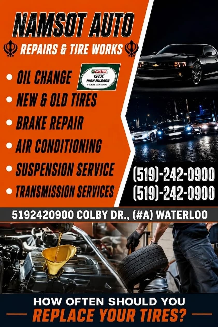 Namsot services poster — oil change, tires, brakes, A/C, suspension, and transmission at 632 Colby Dr, Waterloo