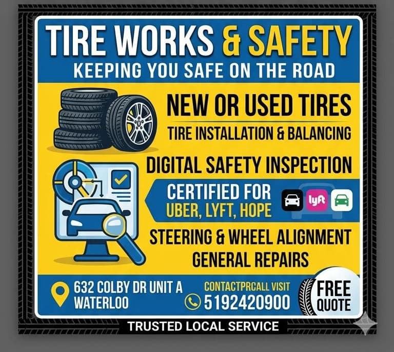Namsot Tire Works & Safety — new or used tires, installation and balancing, digital safety inspection, Uber/Lyft certified, steering and wheel alignment at 632 Colby Dr Unit A, Waterloo